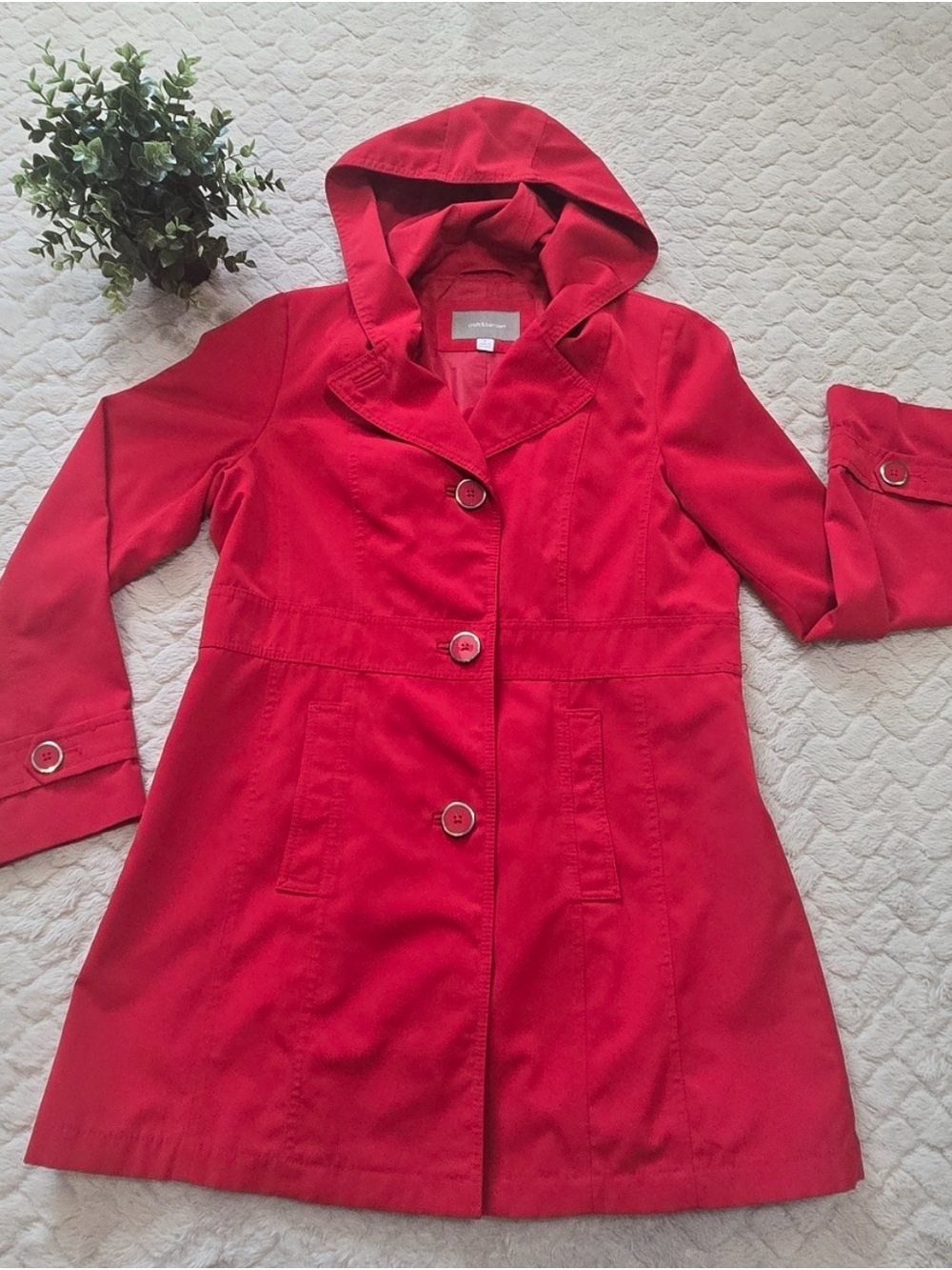 Women's Red Hooded Trench Coat, measurements in pics, Medium